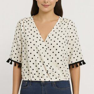 Lavender Field Polka Dot Faux Wrap Blouse With Tassel Sleeve